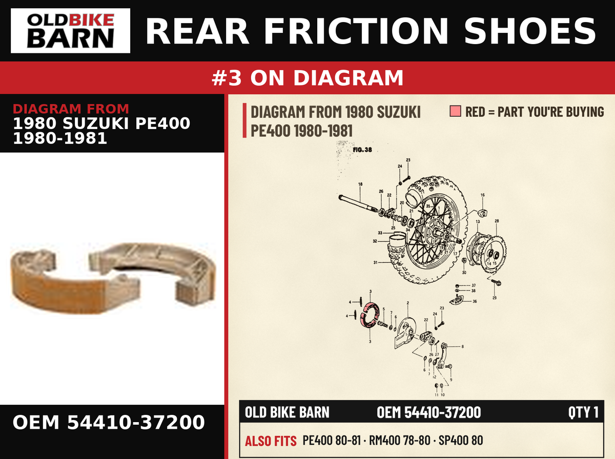 REAR FRICTION SHOES OEM 54410-37200 diagram #3 from 1980 SUZUKI PE400 1980-1981 | Old Bike Barn