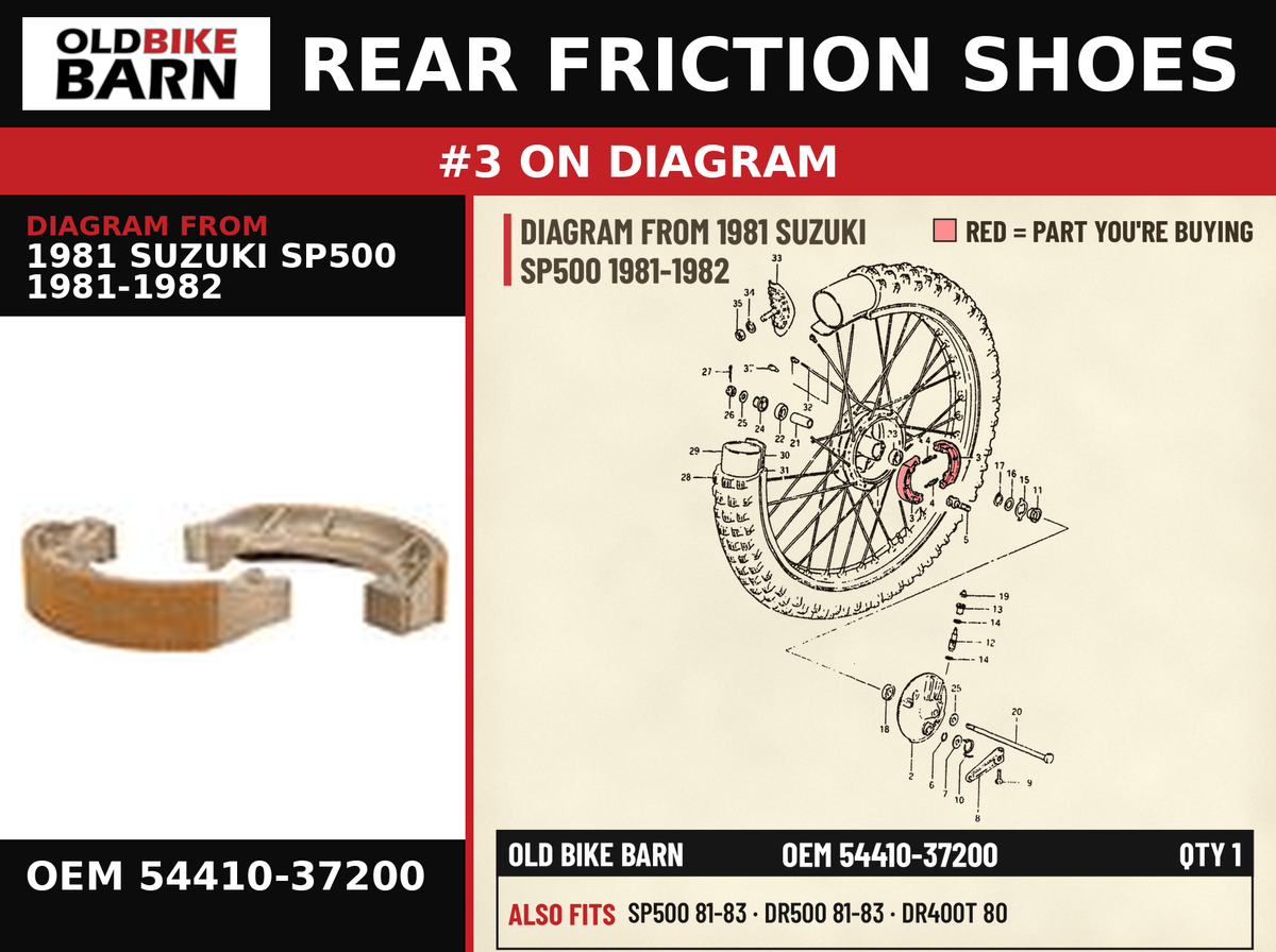 REAR FRICTION SHOES OEM 54410-37200 diagram #3 from 1981 SUZUKI SP500 1981-1982 | Old Bike Barn