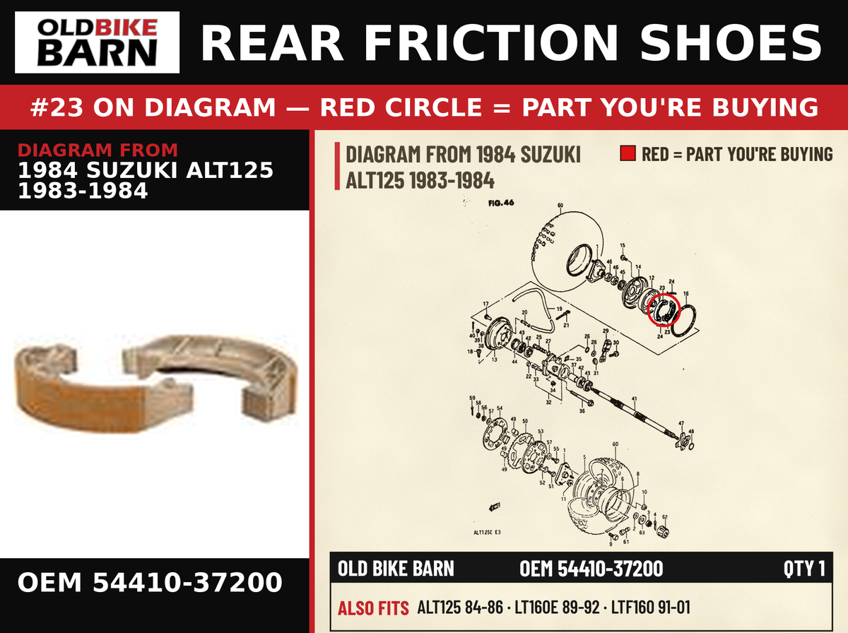 REAR FRICTION SHOES OEM 54410-37200 diagram #23 from 1984 SUZUKI ALT125 1983-1984 | Old Bike Barn