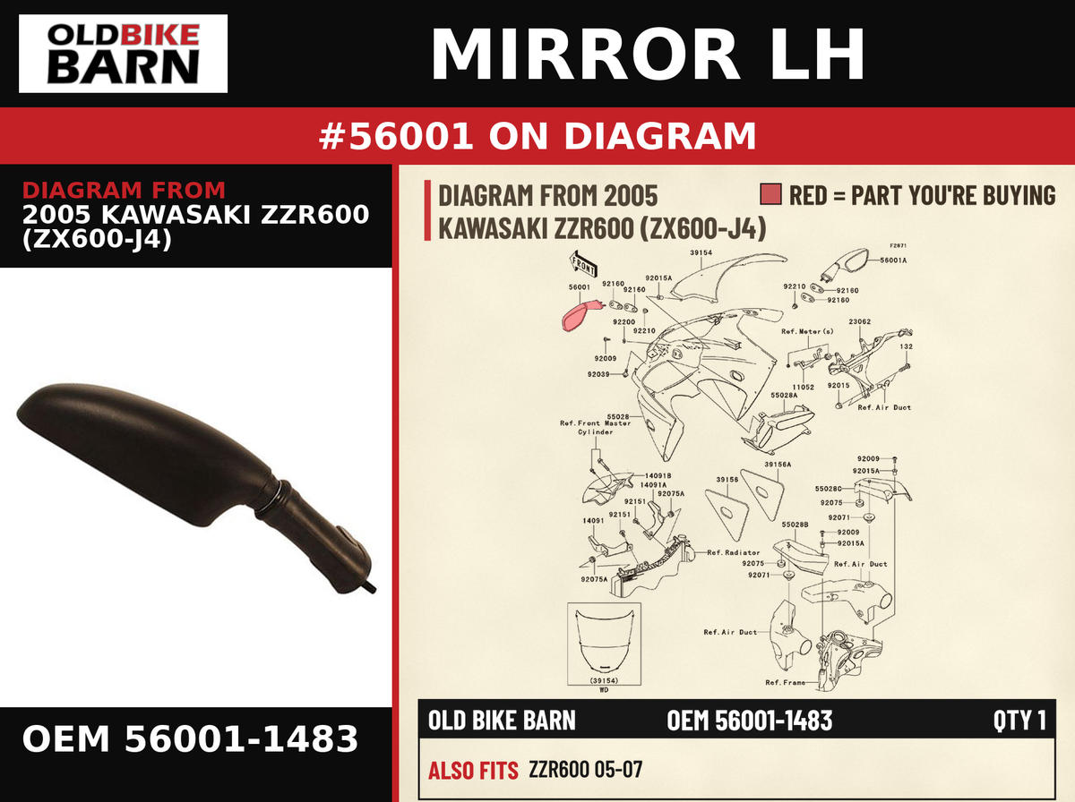 MIRROR-ASSY,LH OEM 56001-1483 diagram #56001 from 2005 KAWASAKI ZZR600 (ZX600-J4) | Old Bike Barn