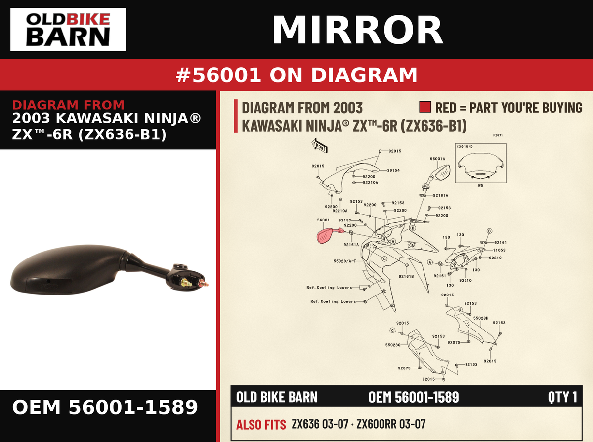 MIRROR-ASSY,LH OEM 56001-1589 diagram #56001 from 2003 KAWASAKI NINJA® ZX™-6R (ZX636-B1) | Old Bike Barn