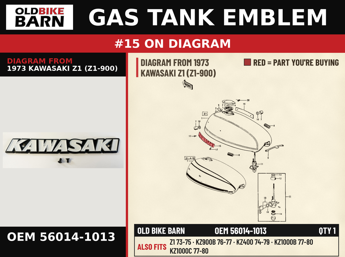 EMBLEM,FUEL TANK,L.H PART NOTE: Z1 OEM 56014-1013 diagram #15 from 1973 KAWASAKI Z1 (Z1-900) | Old Bike Barn