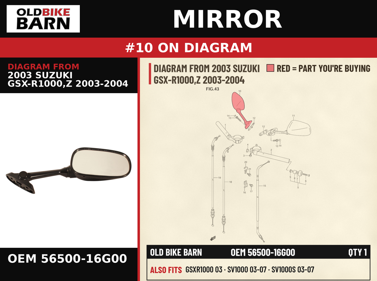 MIRROR OEM 56500-16G00 diagram #10 from 2003 SUZUKI GSX-R1000,Z 2003-2004 | Old Bike Barn