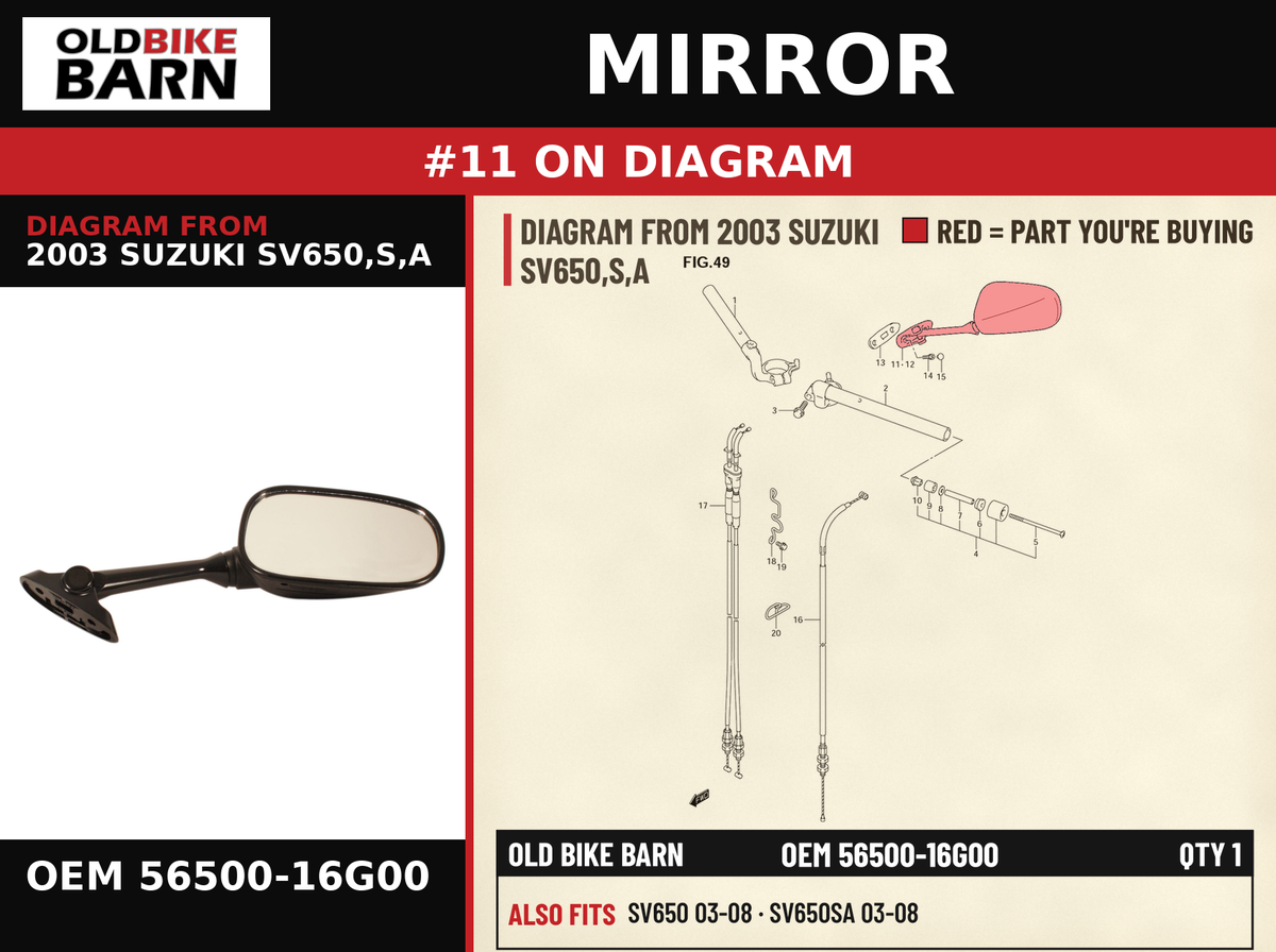 MIRROR OEM 56500-16G00 diagram #11 from 2003 SUZUKI SV650,S,A | Old Bike Barn