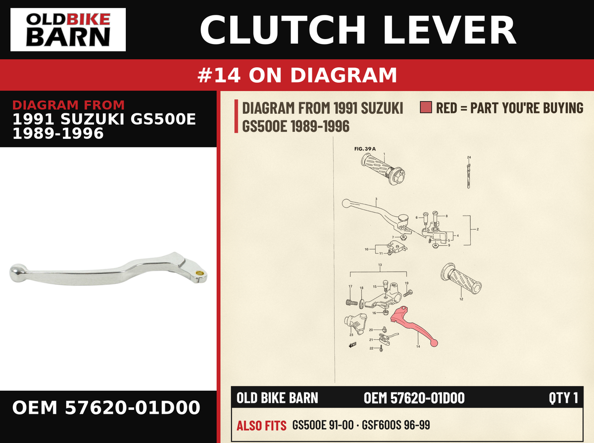 CLUTCH LEVER OEM 57620-01D00 diagram #14 from 1991 SUZUKI GS500E 1989-1996 | Old Bike Barn