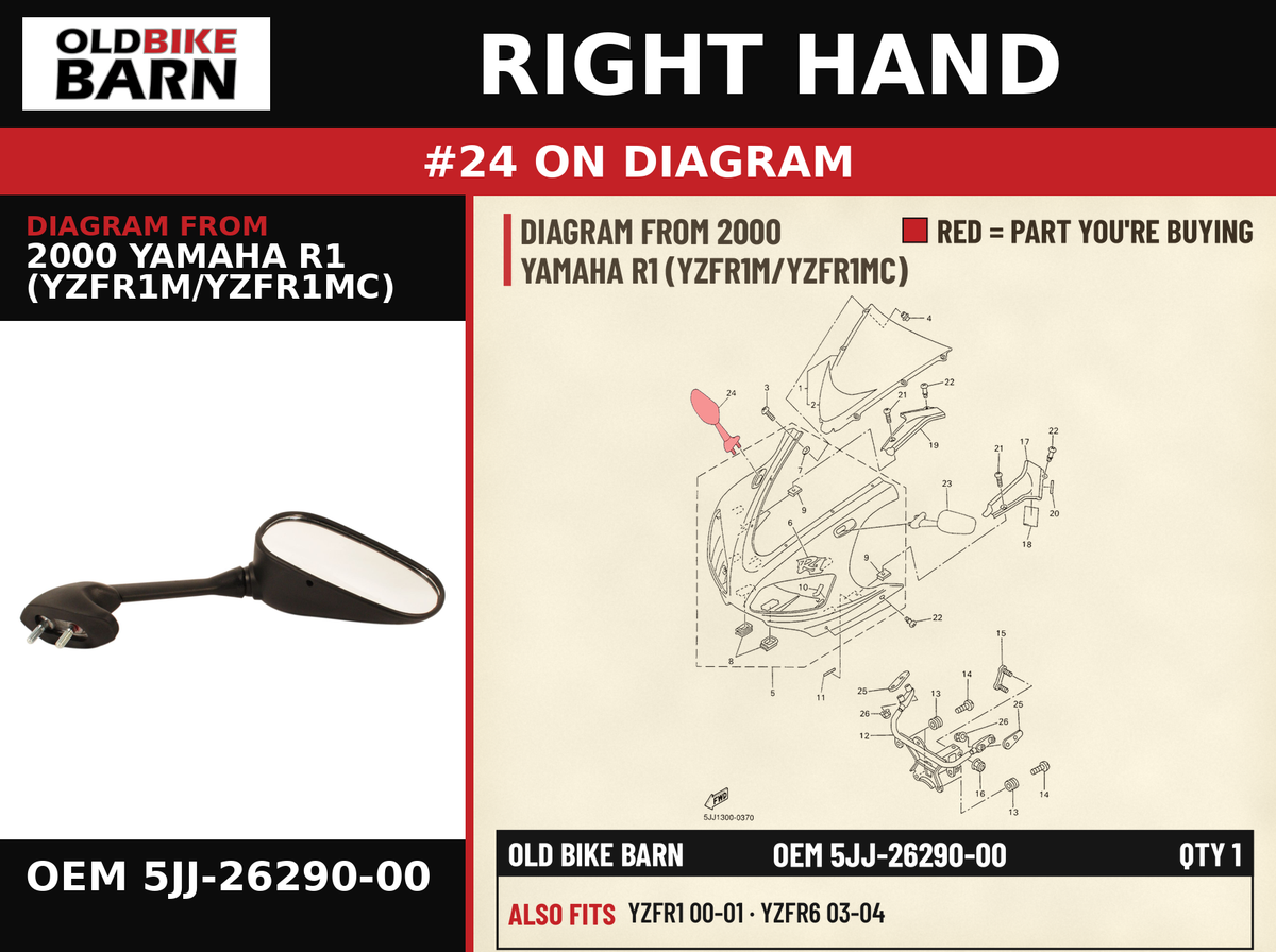 REAR VIEW MIRROR ASSY(RIGHT) OEM 5JJ-26290-00 diagram #24 from 2000 YAMAHA R1 (YZFR1M/YZFR1MC) | Old Bike Barn