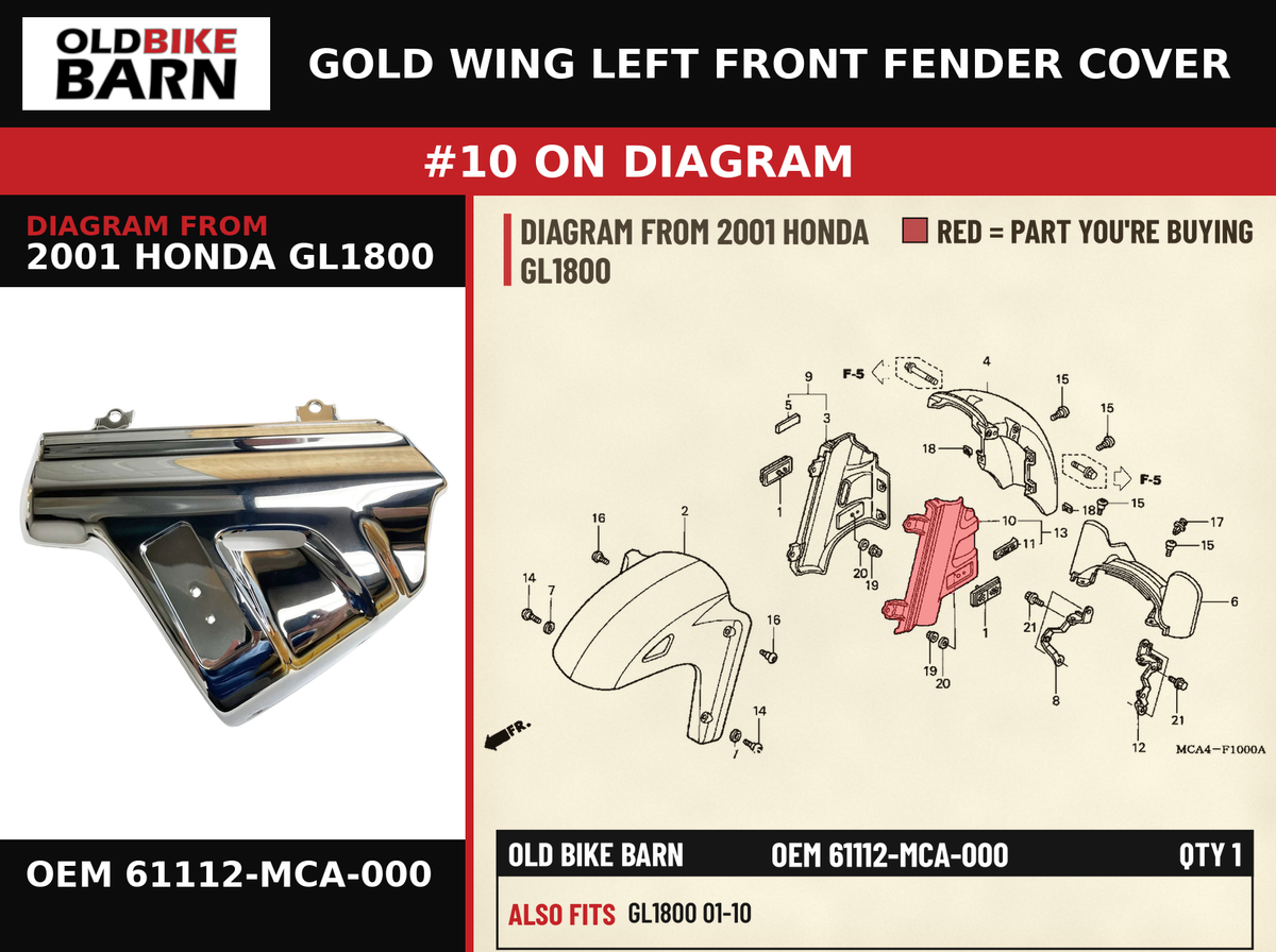 COVER L FR FENDER OEM 61112-MCA-000 diagram #10 from 2001 HONDA GL1800 | Old Bike Barn