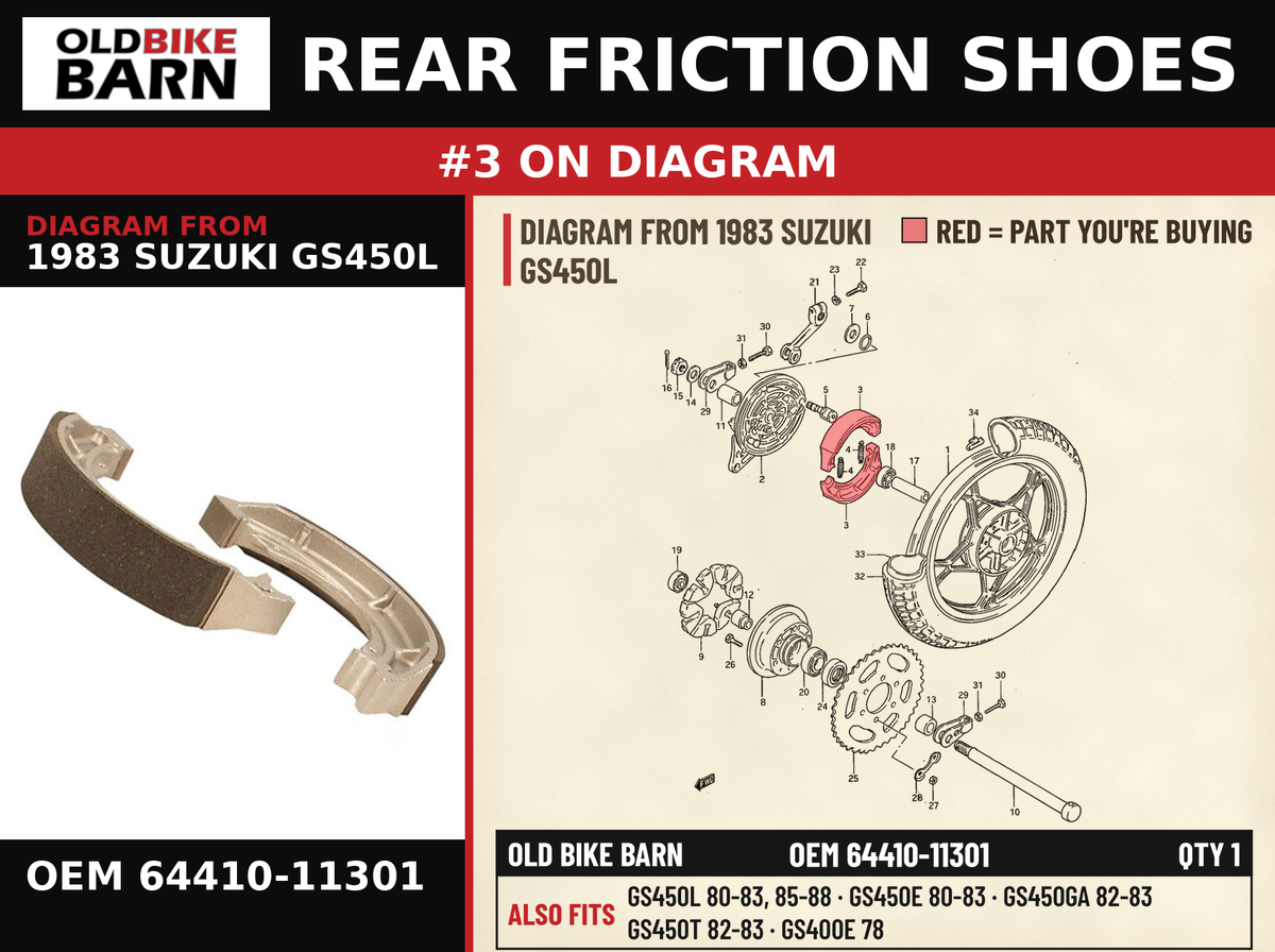 SHOE,BRAKE OEM 64410-11301 diagram #3 from 1983 SUZUKI GS450L | Old Bike Barn