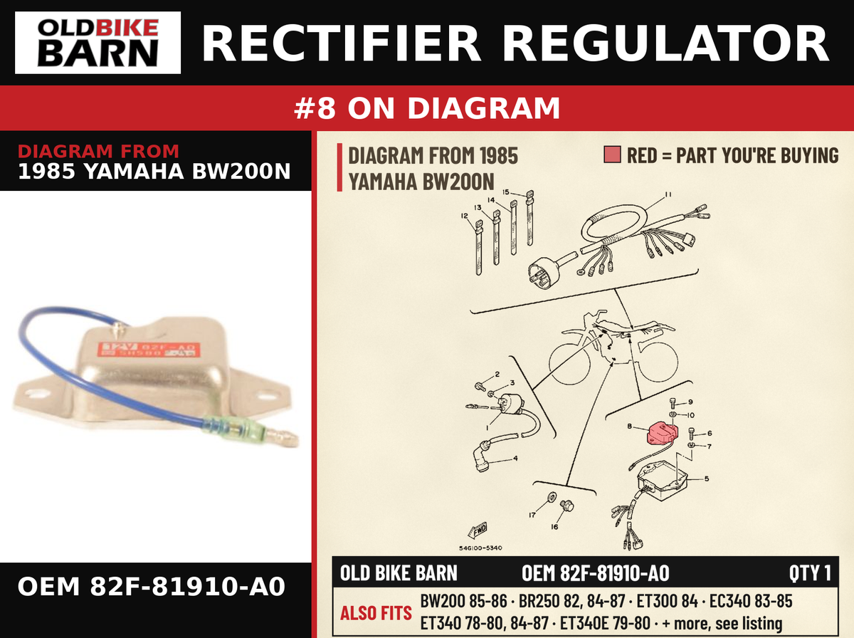 VOLTAGE REGULATOR ASSY PART NOTE: U.R. OEM 82F-81910-A0 diagram #8 from 1985 YAMAHA BW200N | Old Bike Barn