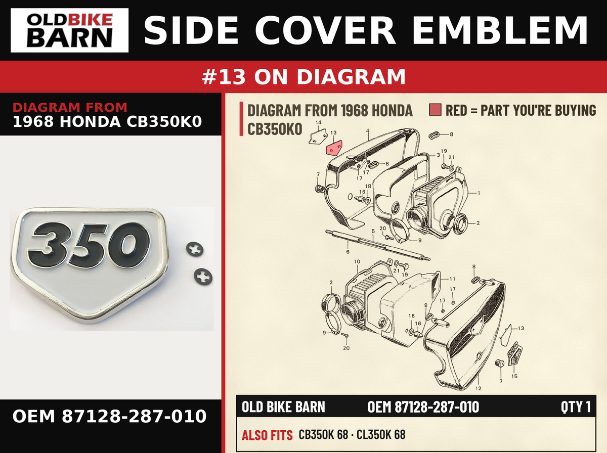 EMBLEM AC COVER OEM 87128-287-010 diagram #13 from 1968 HONDA CB350K0 | Old Bike Barn