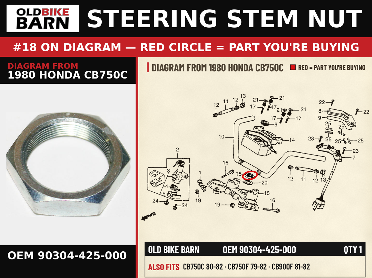 STEERING STEM NUT OEM 90304-425-000 diagram #18 from 1980 HONDA CB750C | Old Bike Barn
