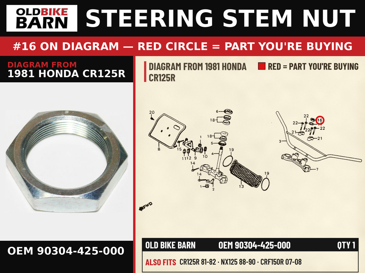 STEERING STEM NUT OEM 90304-425-000 diagram #16 from 1981 HONDA CR125R | Old Bike Barn