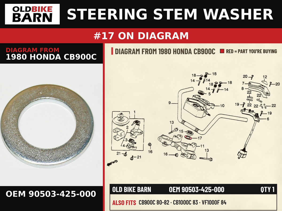 STEERING STEM WASHER OEM 90503-425-000 diagram #17 from 1980 HONDA CB900C | Old Bike Barn