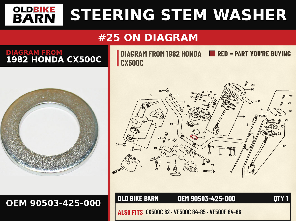WASHER, STEERING STEM OEM 90503-425-000 diagram #25 from 1982 HONDA CX500C | Old Bike Barn