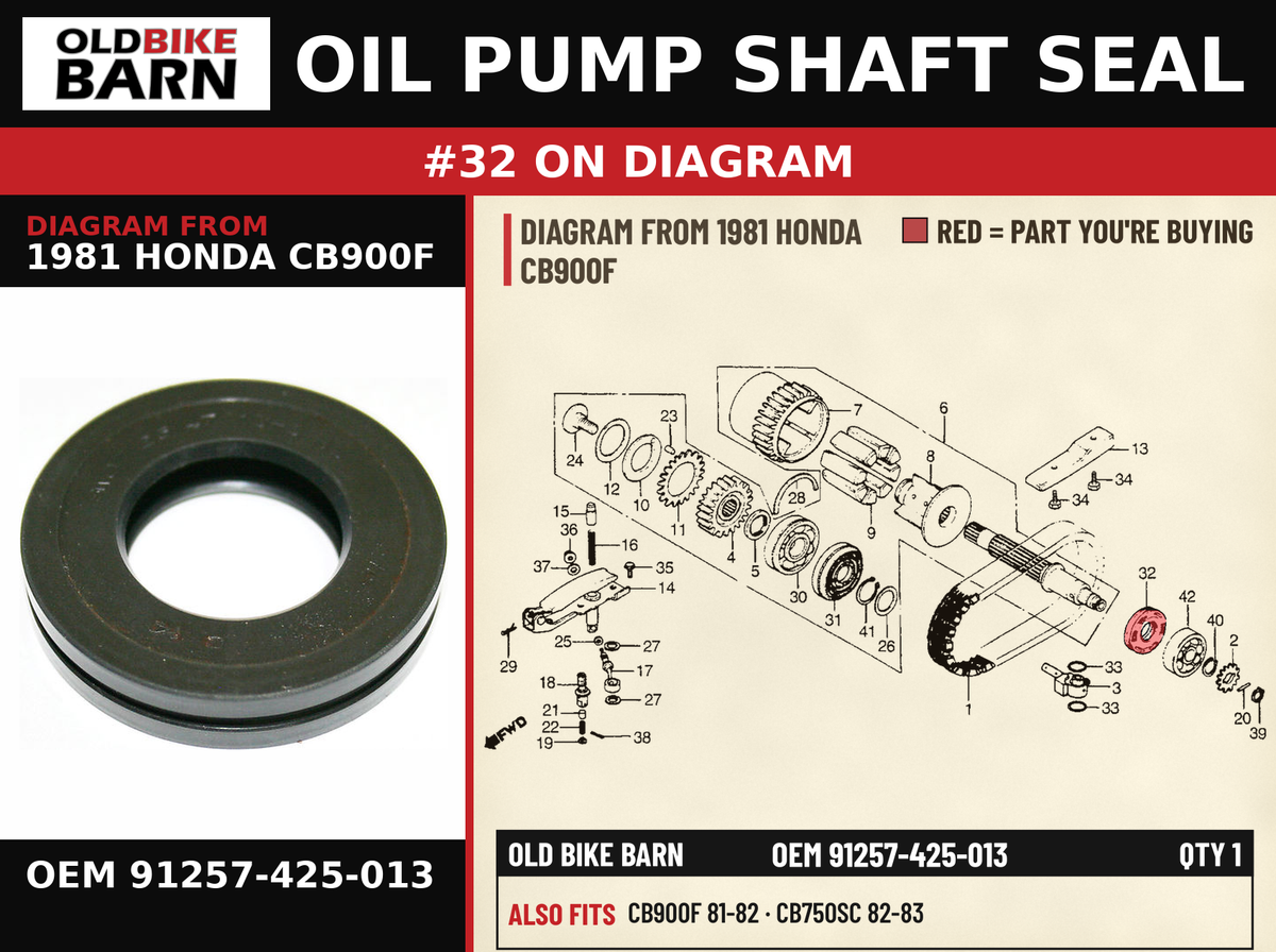 OIL PUMP SHAFT SEAL OEM 91257-425-013 diagram #32 from 1981 HONDA CB900F | Old Bike Barn
