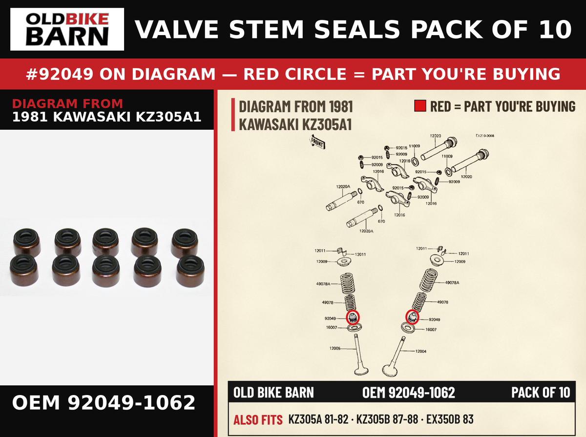 VALVE STEM SEALS PACK OF 10 OEM 92049-1062 diagram #92049 from 1981 KAWASAKI KZ305A1 | Old Bike Barn