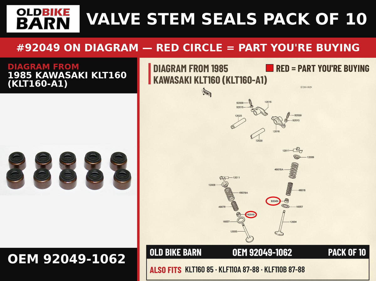 SEAL-OIL,RVC2-5.5X8.5 OEM 92049-1062 diagram #92049 from 1985 KAWASAKI KLT160 (KLT160-A1) | Old Bike Barn