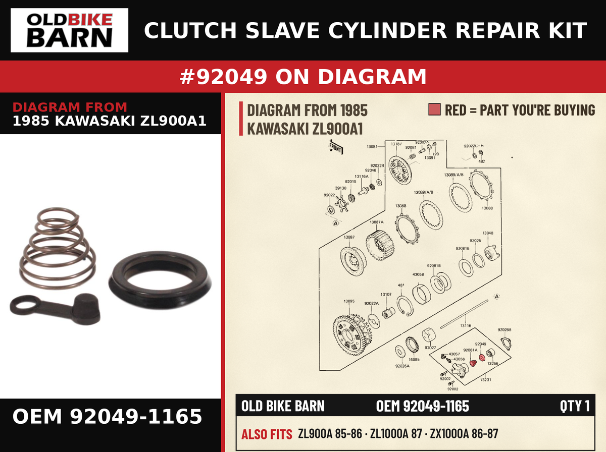 CLUTCH SLAVE CYLINDER REPAIR KIT OEM 92049-1165 diagram #92049 from 1985 KAWASAKI ZL900A1 | Old Bike Barn