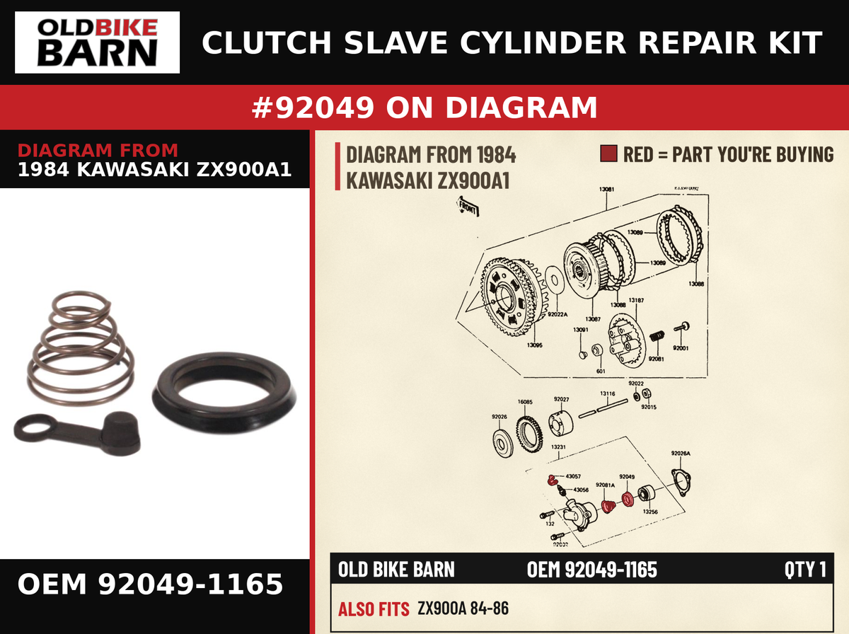 CLUTCH SLAVE CYLINDER REPAIR KIT OEM 92049-1165 diagram #92049 from 1984 KAWASAKI ZX900A1 | Old Bike Barn