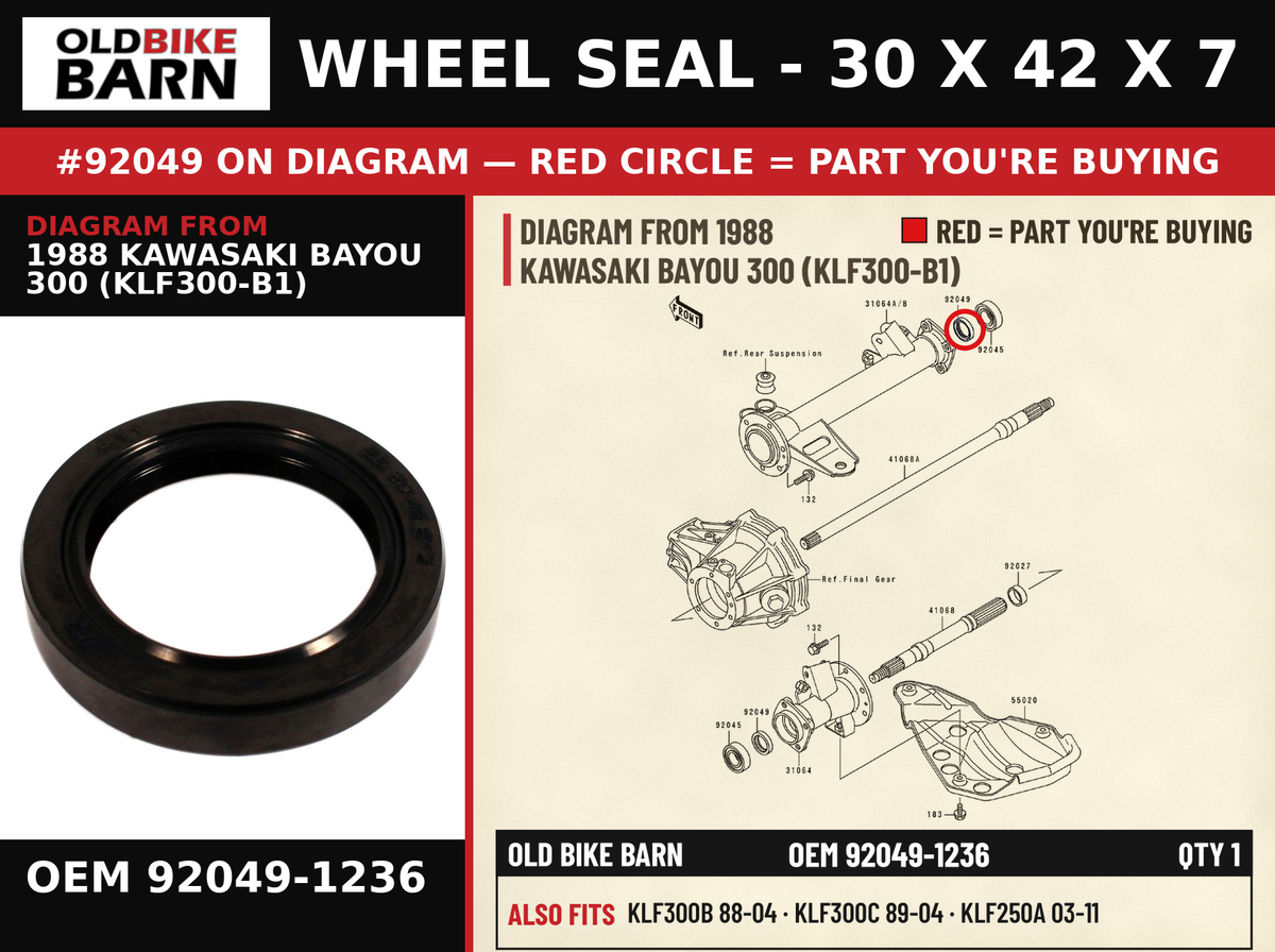 SEAL-OIL,SO30428 OEM 92049-1236 diagram #92049 from 1988 KAWASAKI BAYOU 300 (KLF300-B1) | Old Bike Barn