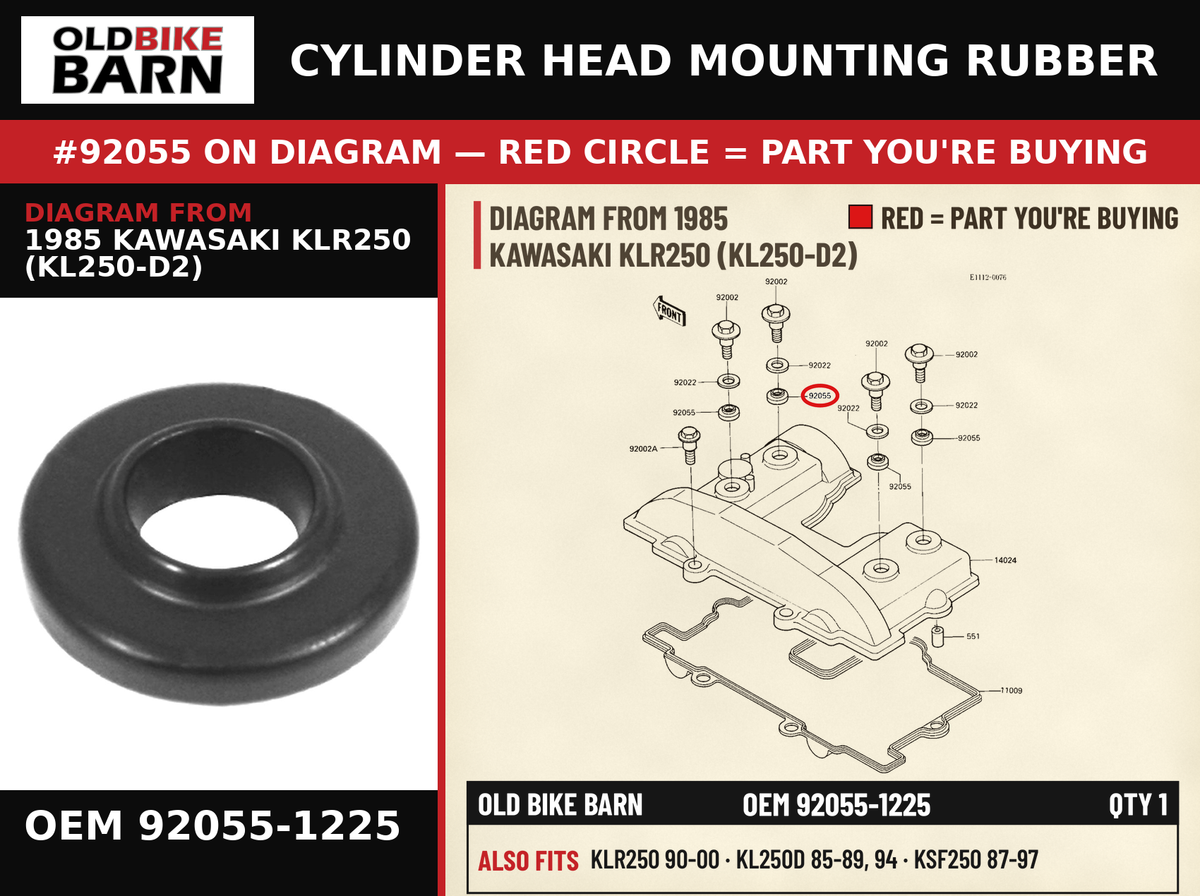RING-O,HEAD COVER BOL OEM 92055-1225 diagram #92055 from 1985 KAWASAKI KLR250 (KL250-D2) | Old Bike Barn