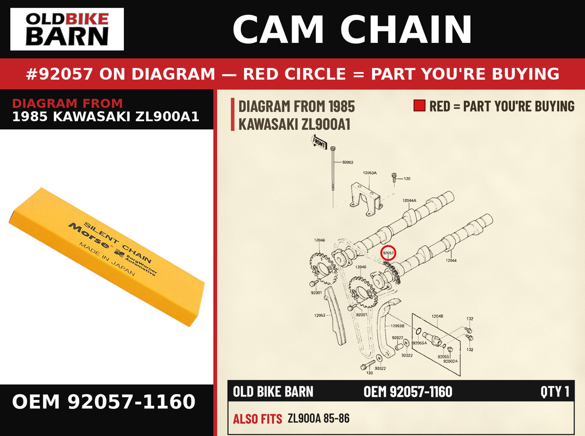 CHAIN,CAMSHAFT OEM 92057-1160 diagram #92057 from 1985 KAWASAKI ZL900A1 | Old Bike Barn