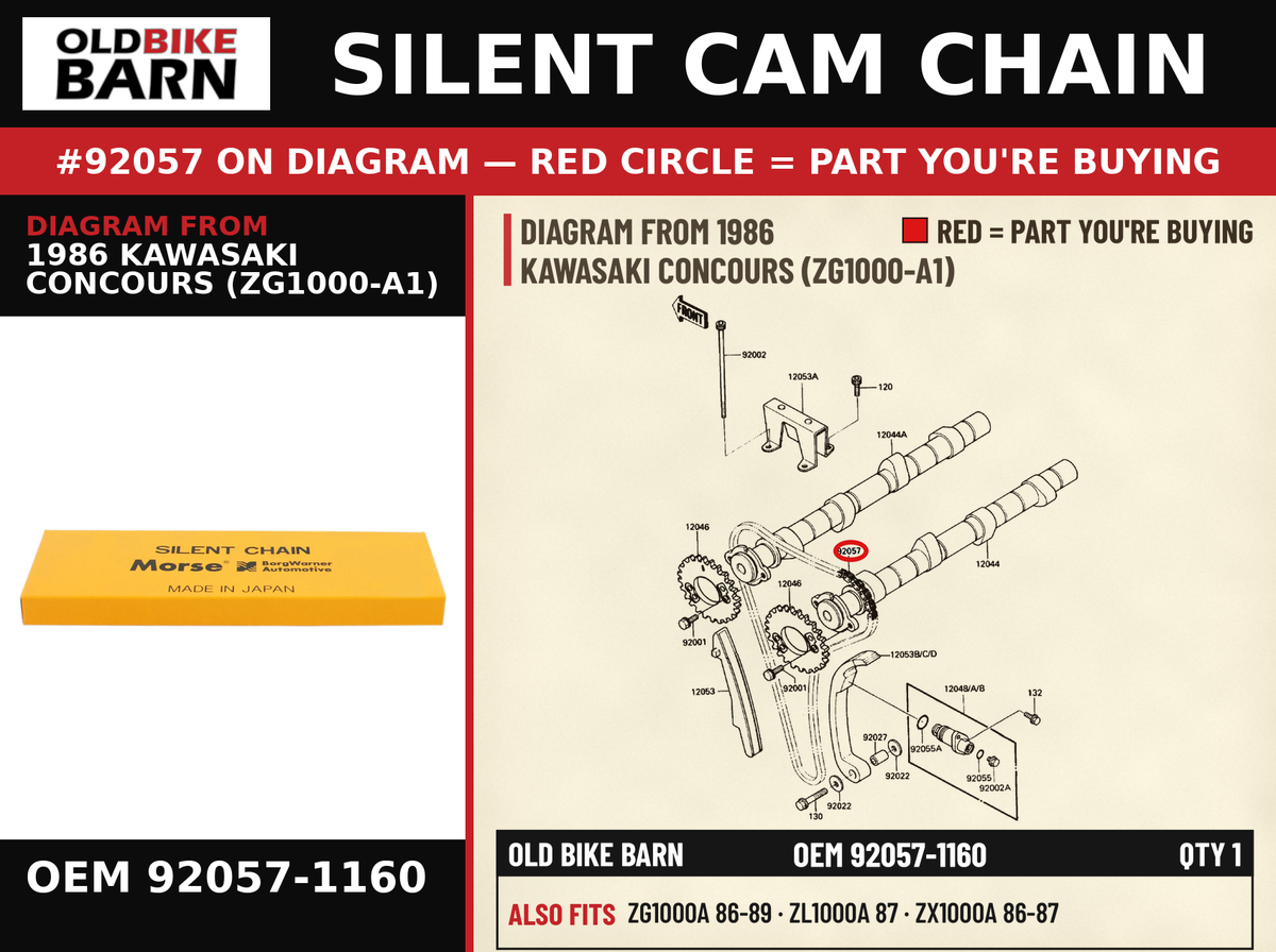 CHAIN,CAMSHAFT OEM 92057-1160 diagram #92057 from 1986 KAWASAKI CONCOURS (ZG1000-A1) | Old Bike Barn