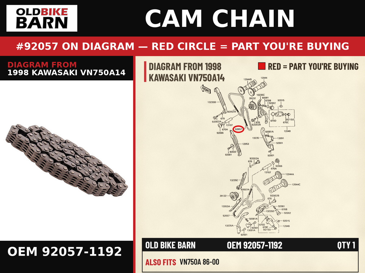 CHAIN,LWR,75RH2015X82 OEM 92057-1192 diagram #92057 from 1998 KAWASAKI VN750A14 | Old Bike Barn