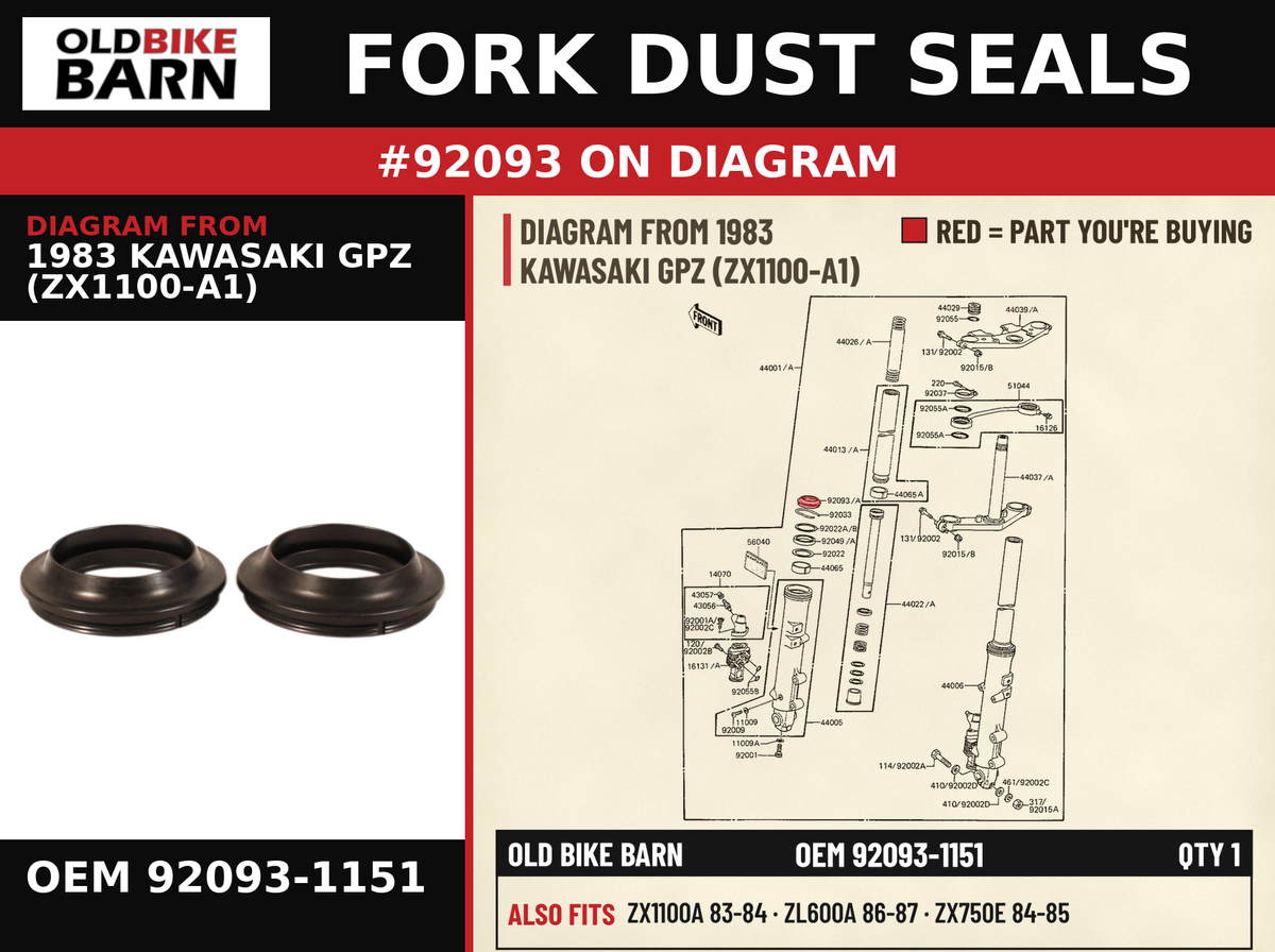 SEAL,FORK OEM 92093-1151 diagram #92093 from 1983 KAWASAKI GPZ (ZX1100-A1) | Old Bike Barn