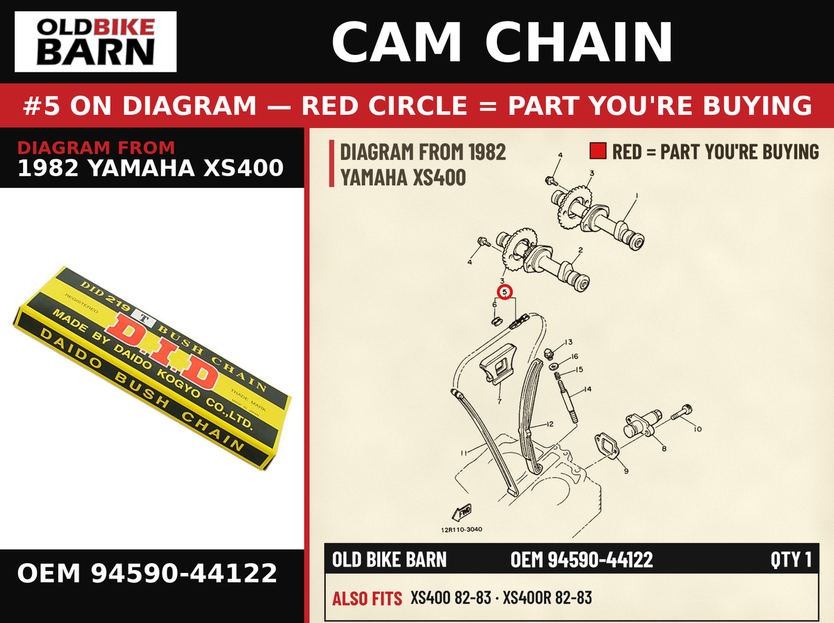 CHAIN, CAM SHAFT (12R) OEM 94590-44122 diagram #5 from 1982 YAMAHA XS400 | Old Bike Barn
