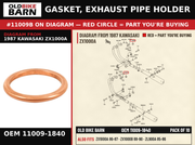 GASKET, EXHAUST PIPE HOLDER OEM 11009-1840 diagram #11009B from 1987 KAWASAKI ZX1000A | Old Bike Barn