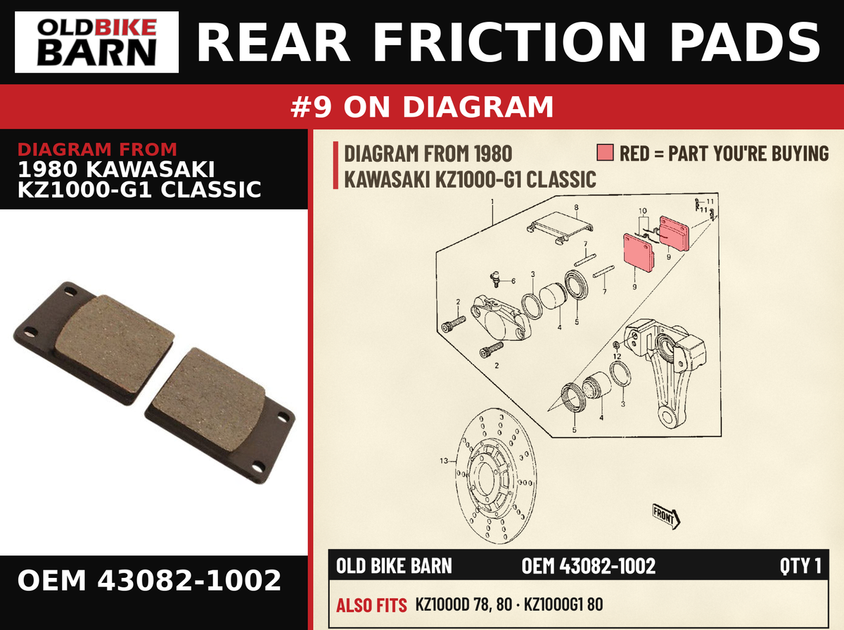 PAD SET OEM 43082-1002 diagram #9 from 1980 KAWASAKI KZ1000-G1 CLASSIC | Old Bike Barn