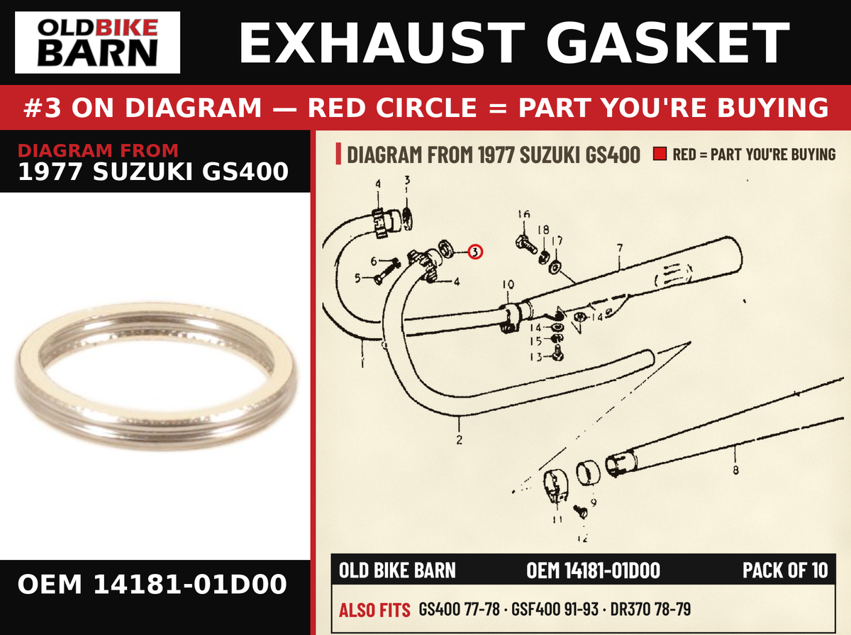 EXHAUST GASKET OEM 14181-01D00 diagram #3 from 1977 SUZUKI GS400 | Old Bike Barn