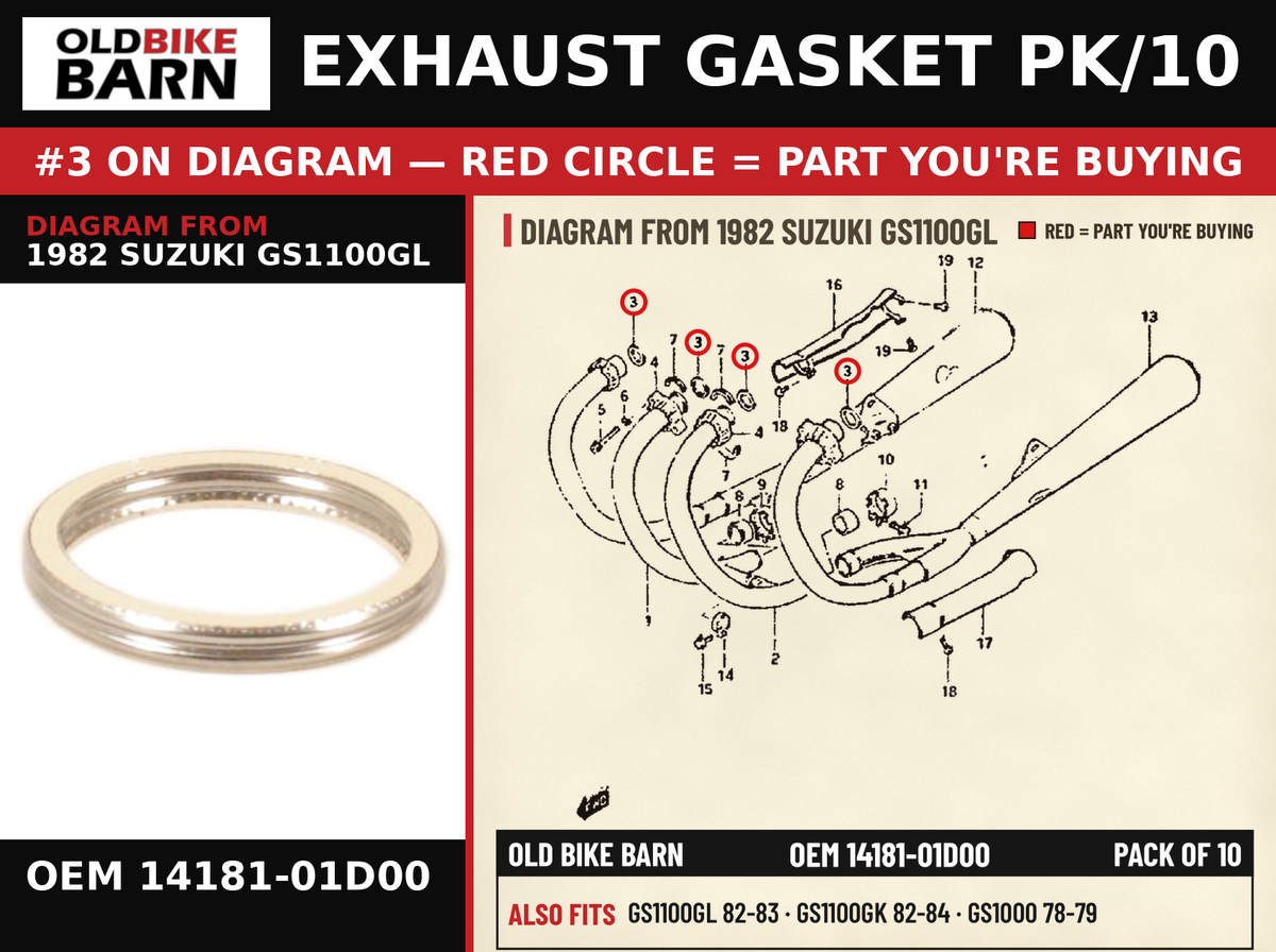 EXHAUST GASKET PK/10 OEM 14181-01D00 diagram #3 from 1982 SUZUKI GS1100GL | Old Bike Barn