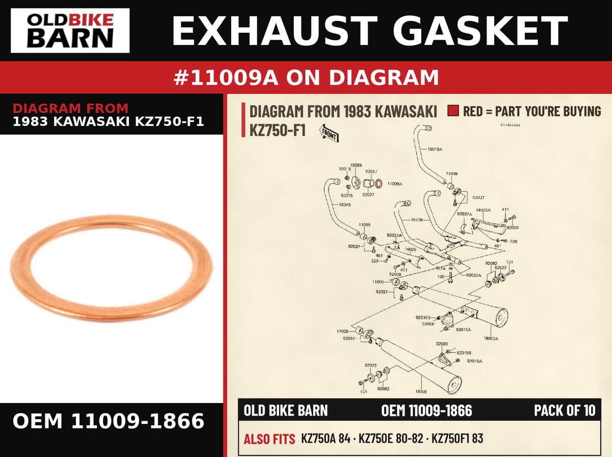 EXHAUST GASKET OEM 11009-1866 diagram #11009A from 1983 KAWASAKI KZ750-F1 | Old Bike Barn