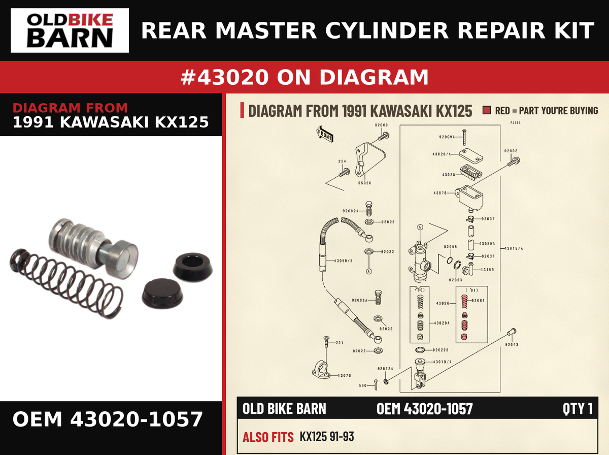 REAR MASTER CYLINDER REPAIR KIT OEM 43020-1057 diagram #43020 from 1991 KAWASAKI KX125 | Old Bike Barn