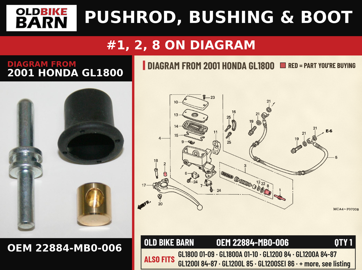 PUSHROD, BUSHING & BOOT OEM 22884-MB0-006 diagram #1, 2, 8 from 2001 HONDA GL1800 | Old Bike Barn