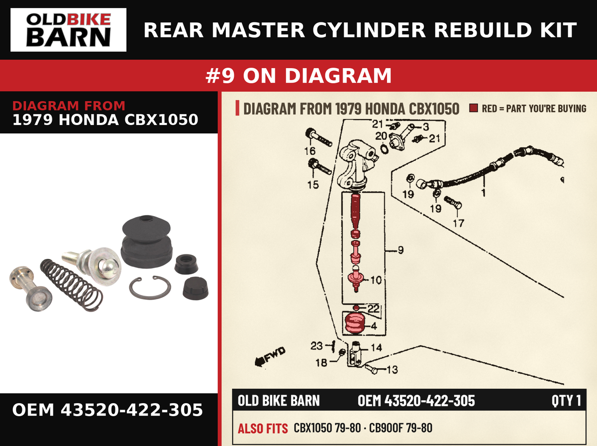 REAR MASTER CYLINDER REBUILD KIT OEM 43520-422-305 diagram #9 from 1979 HONDA CBX1050 | Old Bike Barn